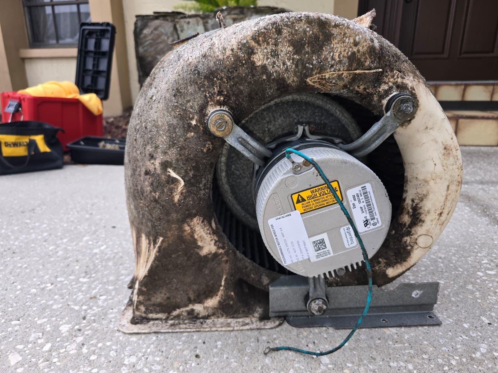 Un conjunto de rueda del ventilador sacado a la entrada de la casa, con la carcasa y las aspas bajo una capa gruesa de suciedad oscura