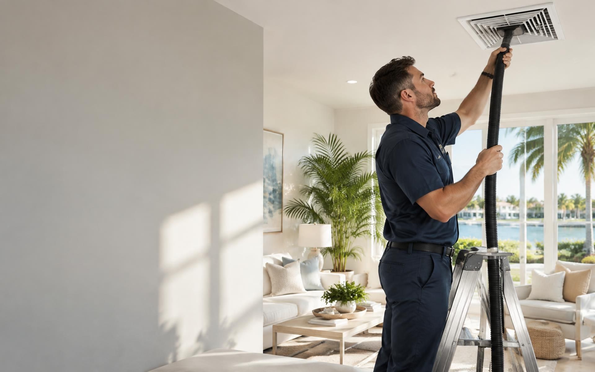 Técnico subido a una escalera limpiando una rejilla de suministro del techo en una sala luminosa, con palmeras y agua al otro lado de la ventana