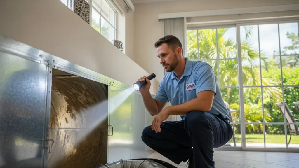 Professional inspector examines ductwork with flashlight during home inspection.