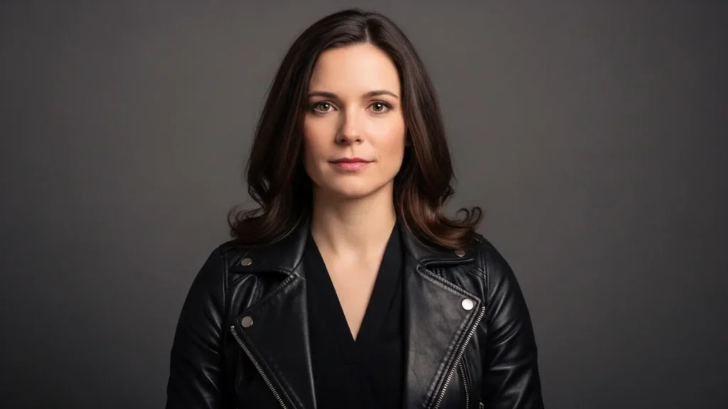 Professional woman in black leather jacket against neutral background.