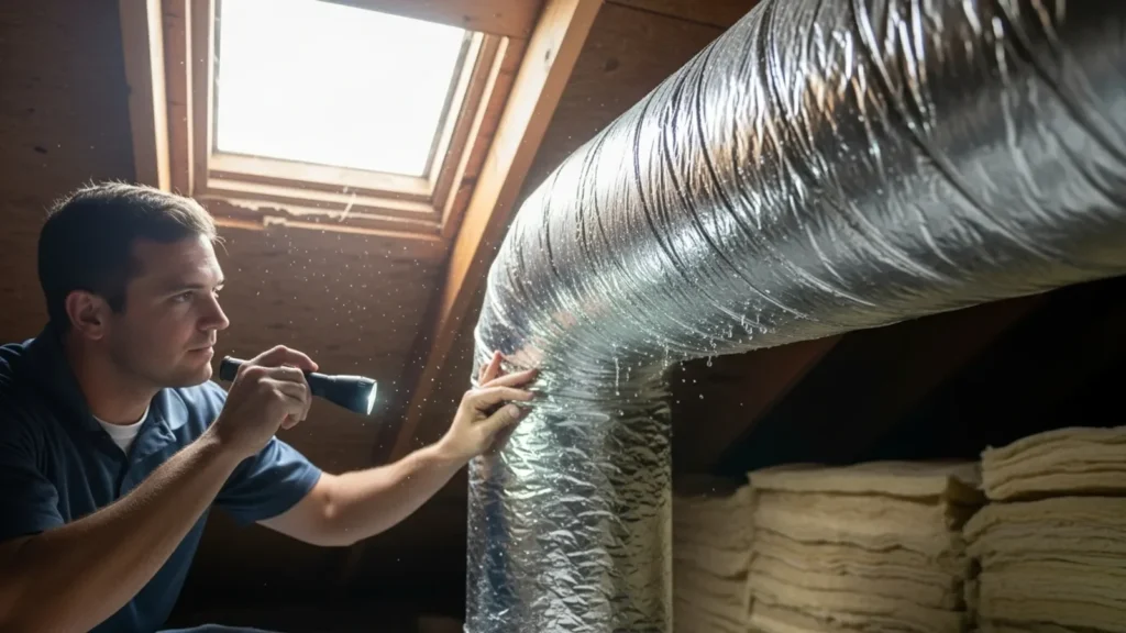Technician inspecting and sealing ductwork in attic with natural light