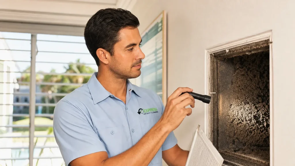 HVAC technician inspecting air duct with flashlight during home inspection.