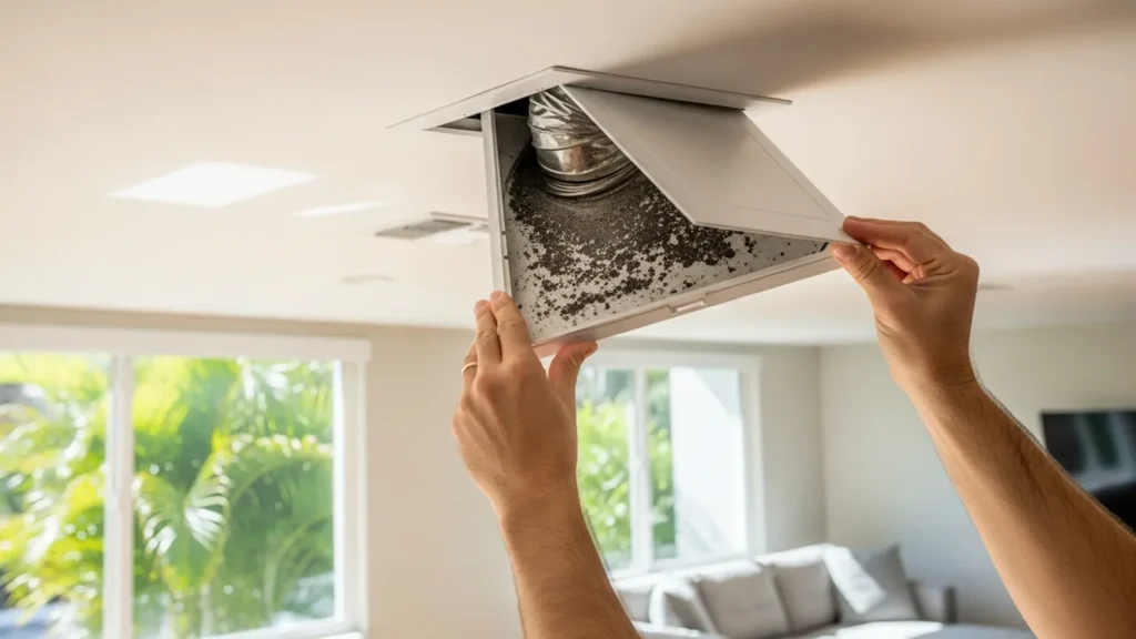 Person inspecting dirty ceiling vent filter in home during maintenance check.